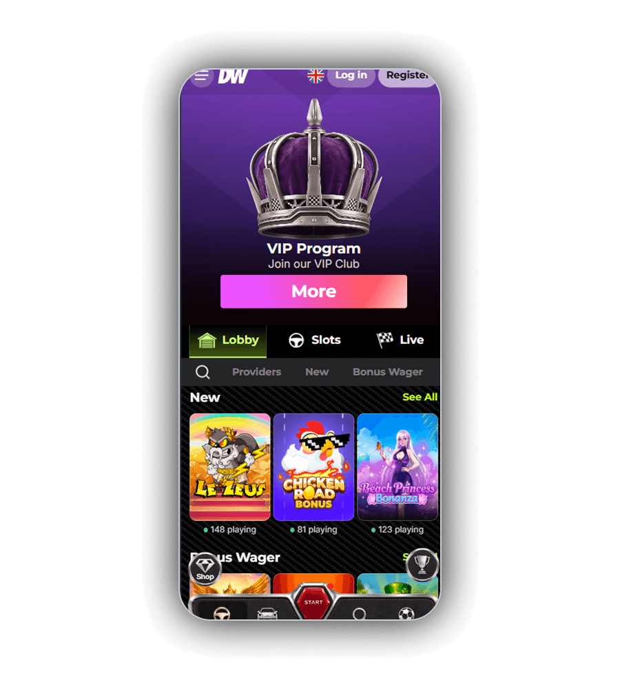 DieselWin lobby on a phone with the VIP Program banner, the Lobby, Slots and Live tabs and a row of new games