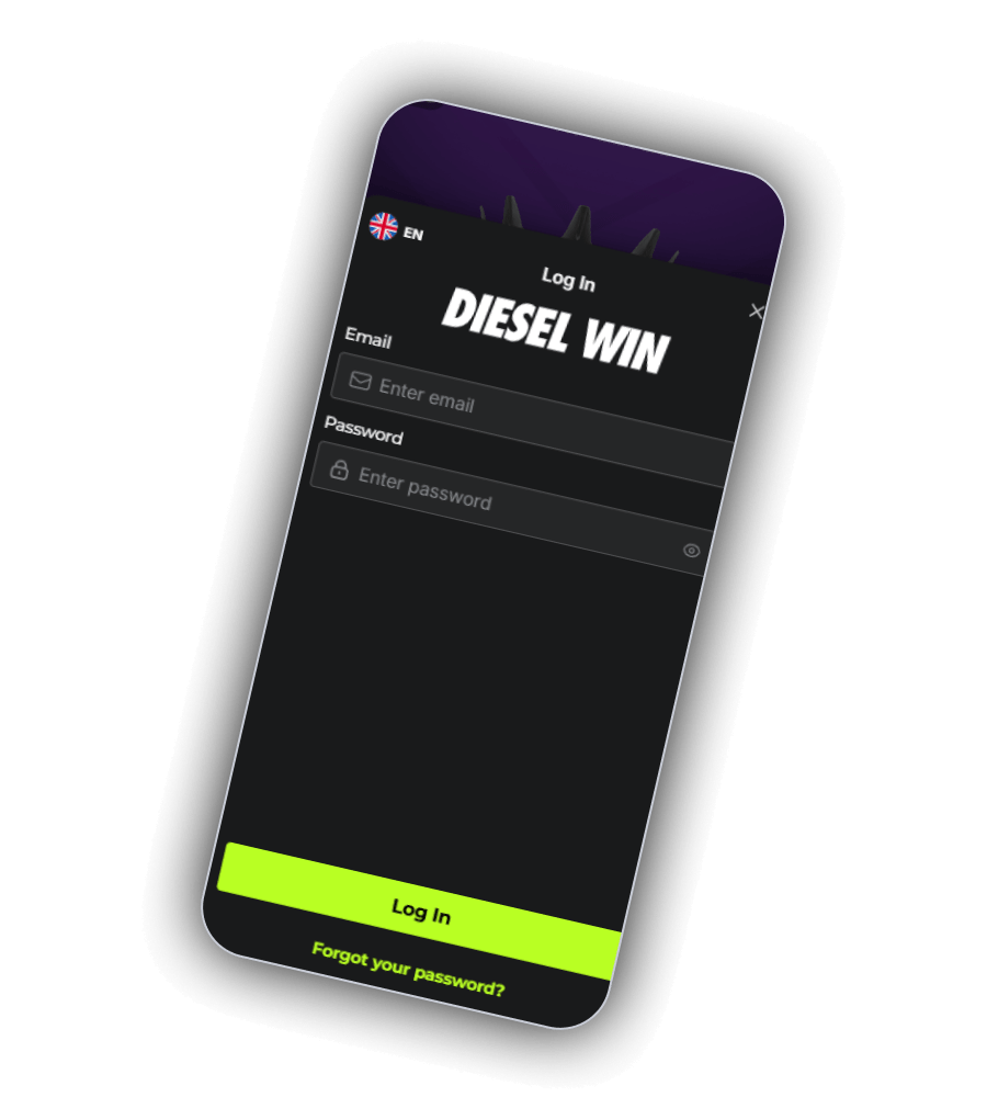 DieselWin Log In window with the email and password fields, the Log In button and the Forgot your password link