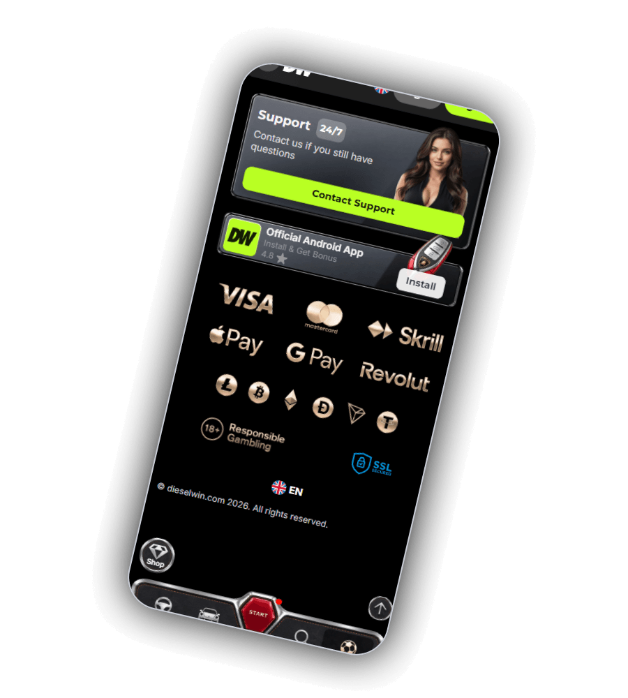 DieselWin site footer on a phone with the 24/7 support card, the Android app banner and the payment logos