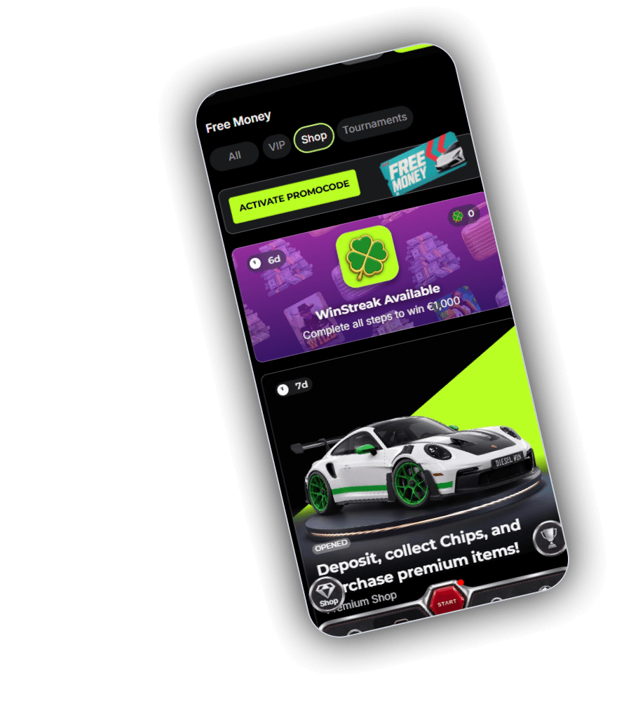 DieselWin Free Money page with the Activate Promocode button, the WinStreak card and the Premium Shop card