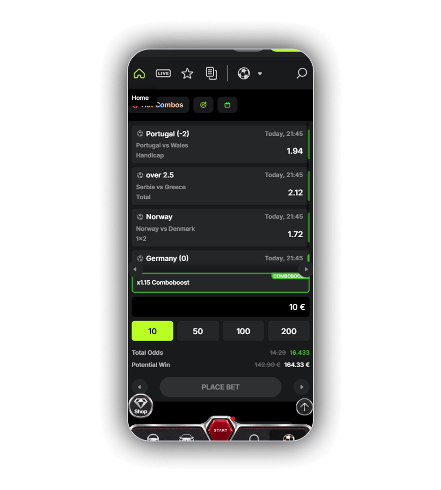 DieselWin sportsbook bet slip with four football selections, a x1.15 Comboboost and quick stake buttons
