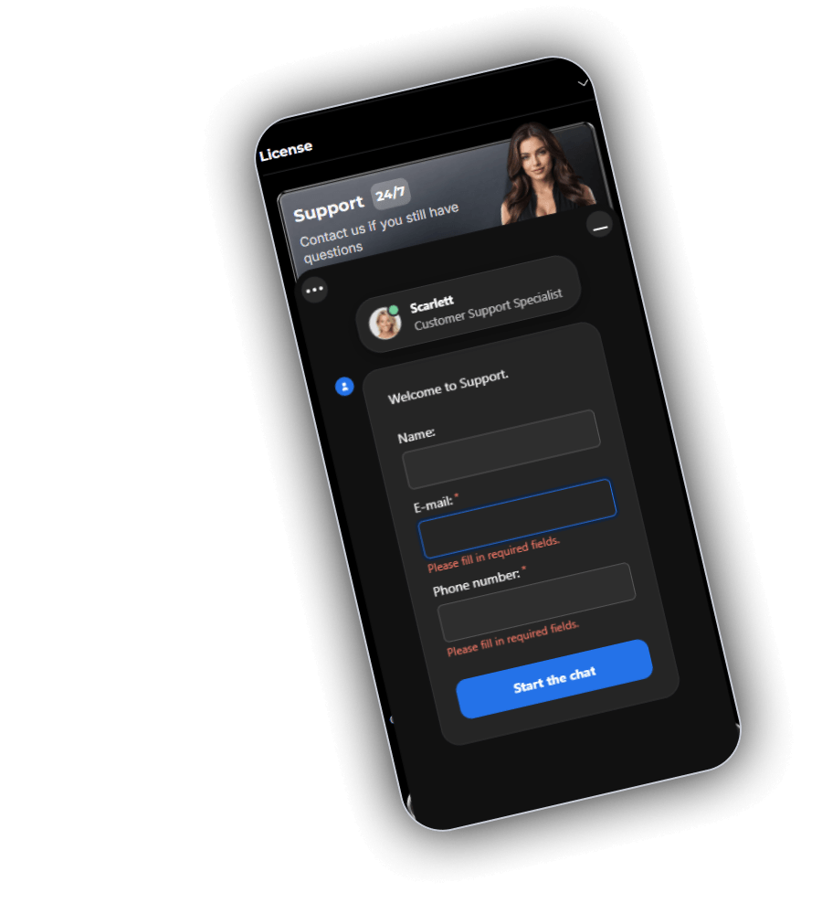 DieselWin support chat on a phone with a Customer Support Specialist and a form for name, email and phone number