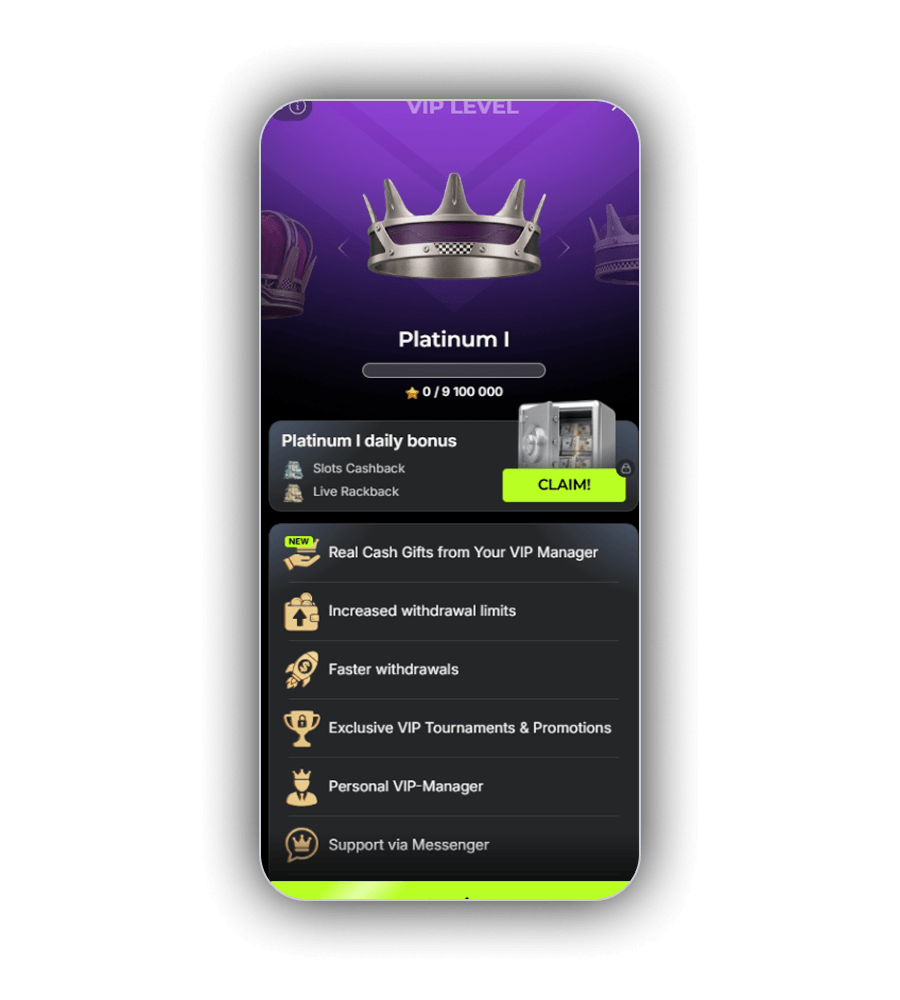 DieselWin VIP level screen showing Platinum I, the points bar, the daily bonus and the list of VIP benefits